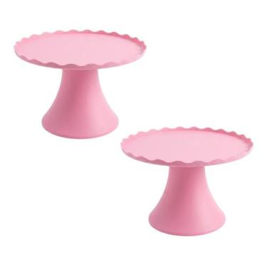 Imagem de Conjunto 2 Suportes para Bolo e Doces Rosa Plástico Borda Ondulada 20,