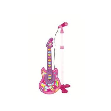 Imagem de Guitarra E Microfone Infantil Som Luz Música Rosa