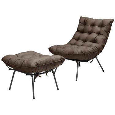 Imagem de Poltrona Costela Adão Ferro Puff Estrutura Preto Para Sala Moderna Decorativa Linho Marrom