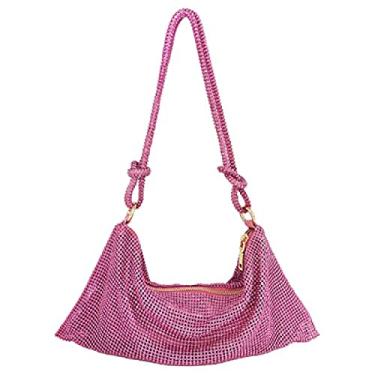 Imagem de Bolsa feminina com strass cintilante, bolsa de mão com corrente de cristal chique elegante e elegante bolsa de ombro nas axilas, Vermelho rosa, One Size