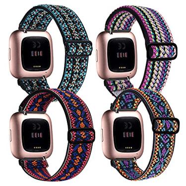 Imagem de BOTNUW Pacote com 4 faixas elásticas compatíveis com Fitbit Versa 2/Versa/Versa SE/Versa Lite, pulseiras de reposição elásticas ajustáveis de nylon macio para mulheres e homens