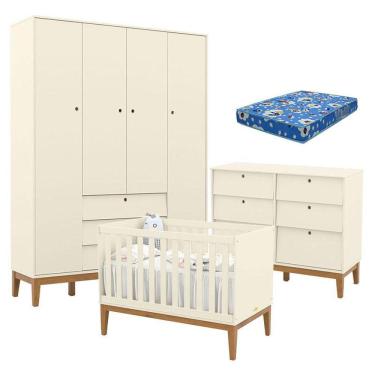 Imagem de Quarto de Bebe Unique 4 Portas com Cômoda 6 Gavetas Off White Eco Wood e Colchão Ortobom - Matic
