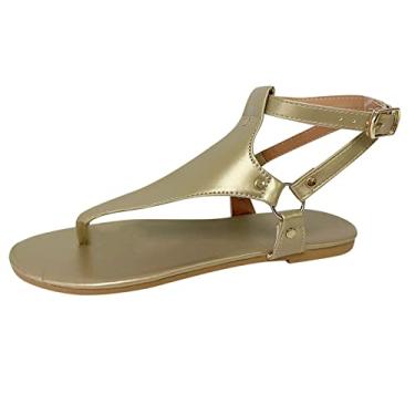 Imagem de Sandálias rasteiras com tiras femininas sandálias de dedo do pé sandálias abertas com fivela de praia femininas Tan sandálias femininas largas (ouro, 37)