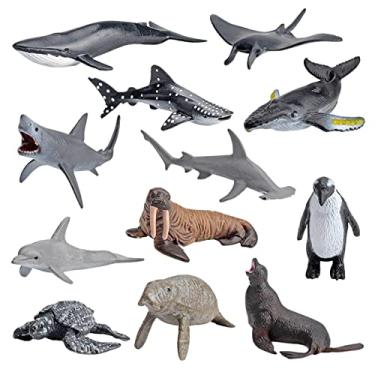 Imagem de 12 brinquedo animais marinhos, modelo animal marinho pequeno, baleia azul golfinho grantubarão branco pinguim leão marinho figura sólida, mini boneca animal marinho tamanho em forma realista
