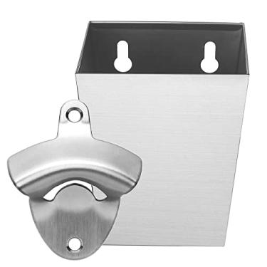 Imagem de Abridor de garrafas de cerveja de aço inoxidável prata montado na parede e estreito cetim aço inoxidável conjunto apanhador de tampa presente Jumiok