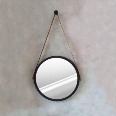Imagem de Espelho Redondo Com Moldura Preta E Alça Caramelo 40cm M Adnet - Orb