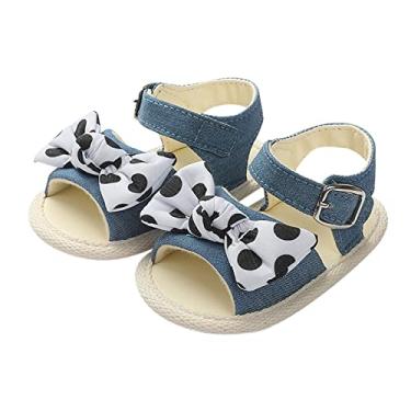 Imagem de Qwent Sandália infantil de verão para bebês meninas com bico aberto e laço, sapatos para primeiros passos, sandálias planas para verão (azul, 12 meses)