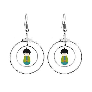 Imagem de Brincos de argola pendentes com arte de boneca verde quimono japonês