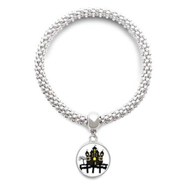 Imagem de DIYthinker Bracelete de prata brilhante de Halloween com pingente de castelo iluminado com corrente ajustável