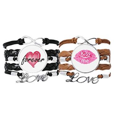 Imagem de DIYthinker Pulseira de couro rosa Kiss Me Dia dos Namorados com alça de mão e corda de couro Forever Love conjunto duplo