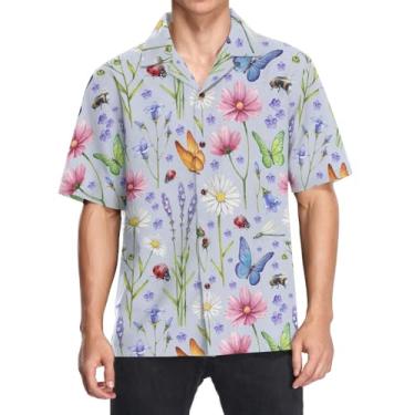 Imagem de Camisas havaianas para homens férias praia verão tops casuais camisas de botão camisa de manga curta folgada, Aquarela de flores silvestres e insetos, P