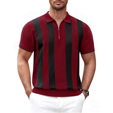 Imagem de COOFANDY Camisa polo masculina com zíper casual de malha manga curta camiseta polo camiseta de ajuste clássico, Listras Z - vermelho e preto, M