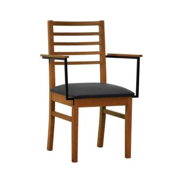 Imagem de Cadeira Tiê Madeira Maciça Encosto Ripado C-braço Metal - Amêndoa Assento Estofado Corano Preto