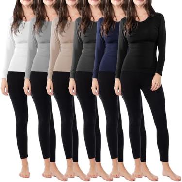 Imagem de Camiseta feminina térmica de manga comprida com gola redonda macia e macia com 6 unidades, Pacote com 6 - preto, carvão, cáqui, azul marinho, branco, cinza, 3G