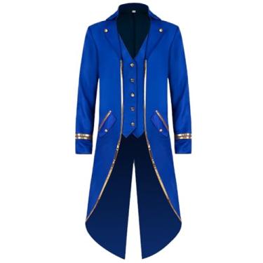 Imagem de GRAJTCIN Jaqueta Steampunk masculina para fantasia renascentista vitoriana, casaco de pirata, vintage, com acabamento dourado, Acabamento dourado azul, G
