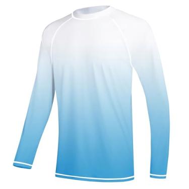 Imagem de Camisas de natação masculinas de manga comprida Rashguard FPS 50+ proteção solar UV camiseta atlética treino corrida caminhada roupa de banho, Gradiente branco, azul-celeste, GG