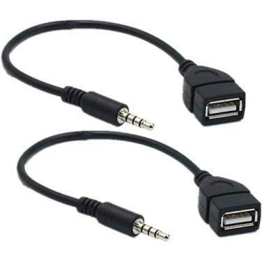 Imagem de 2 peças de plugue de áudio auxiliar de 3,5 mm para USB A fêmea adaptador de áudio de carro conversor de cabo de rádio de carro para estéreo de carro, GPS de carro, CD, áudio de DVD, preto