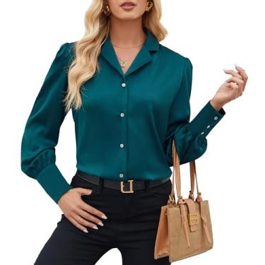 Imagem de Iandroiy Camisetas femininas de cetim com botões, manga comprida, para escritório, caimento justo, blusas casuais de seda, A-04 Azul lago, M