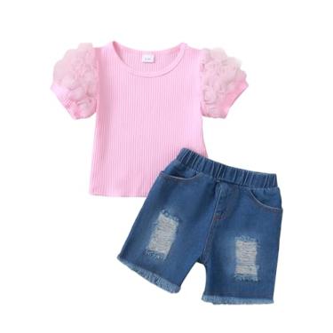 Imagem de SUNNY PIGGY Conjunto de roupas de verão para meninas, camiseta de manga curta, jeans e shorts, rosa, 4-5Y