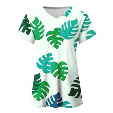 Imagem de Camiseta feminina casual de verão, floral, manga curta, gola V, estampada, solta, fenda lateral, túnica feminina N, Verde, M