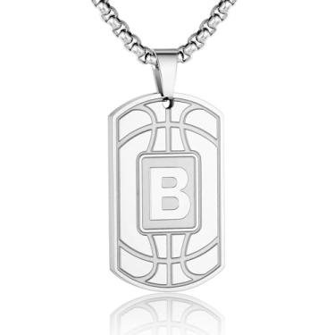Imagem de Colar masculino com etiqueta de basquete inicial A-Z - pingente com corrente de aço inoxidável 55 cm + 5 cm - joia personalizada para atletas esportivos, Prata, Sem Pedra Preciosa