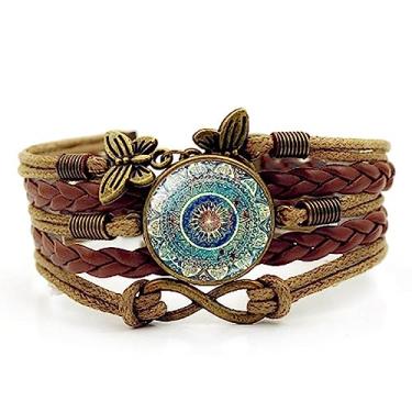 Imagem de BailingDS Pulseira feminina mandala flor da vida borboleta símbolo infinito vintage multicamadas trançado joia de mão pequeno presente, Couro, Sem pedras preciosas