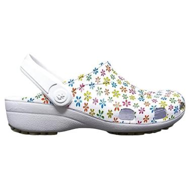 Imagem de Babuche Feminino Profissional SoftWorks Mania EPI Antiderrapante Estampa Floral Com Perfuros EVA BB32 - Branco