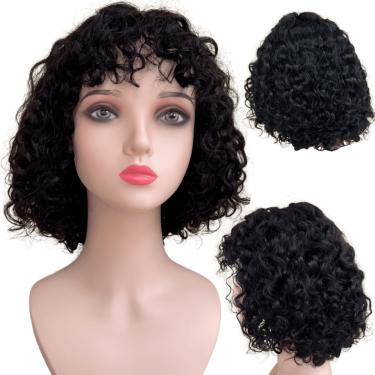 Imagem de Peruca cacheada curta preta humana com franja e lace no topo