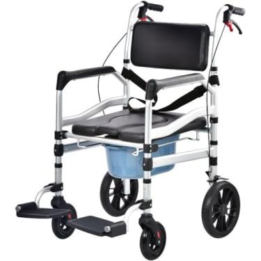 Imagem de Cadeira cômoda portátil dobrável com freio de mão para idosos, cadeira cômoda com rodas, vida para deficientes e assistida, cadeira de banho para transporte de cômodas de cabeceira com assen