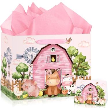 Imagem de Saco de presente de aniversário com tema de animais de fazenda para meninas, chá de bebê, rosa, fazenda, celeiro, cartão de papel de embrulho, grande, vacas, porcos, presente para chá de bebê,