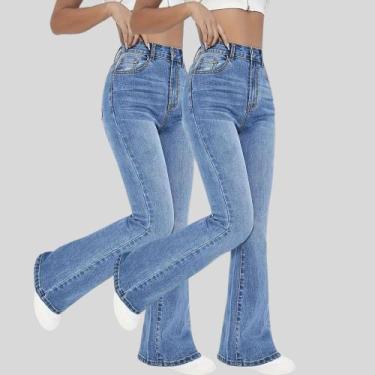 Imagem de KIT 2 Calças Flare Jeans Feminina Boca de Sino Cintura Alta Modeladora