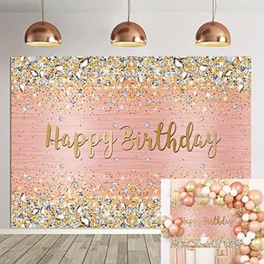 Imagem de Pano de fundo de feliz aniversário com diamantes brilhantes Bokeh rosa e dourado com bolinhas brilhantes para fotografia para mulheres, meninas, senhoras, decorações de festa doce, adereços para fotos (20 x 15 cm)