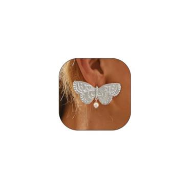 Imagem de Brincos femininos de borboleta dourada vintage com pingente de borboleta de pérola grande, hipoalergênicos, brincos de gota de traça, bijuterias modernas, presentes, Large, Metal, Sem pedra preciosa