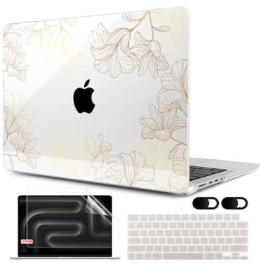 Imagem de MEEgoodo Capa para MacBook Pro de 14 polegadas (M5/M4/M3/M2/M1) 2025 2024 2023 2021, compatível com modelos A3434/A3112/A3401/A3185/A2918/A2992/A2779/A2442 Pro/Max, desenhado dourado Floral