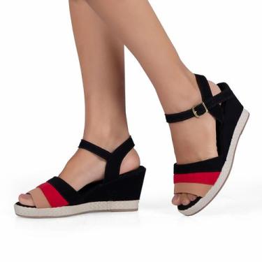 Imagem de Sandália de salto anabela tamanco com fivela três cores salto médio - 