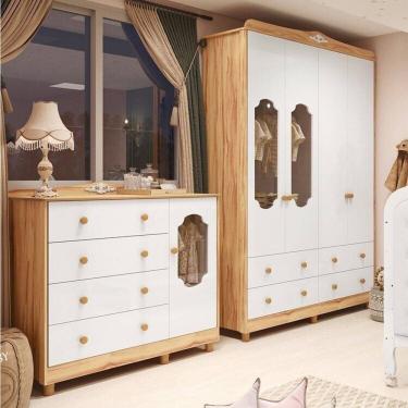 Imagem de Quarto Infantil com Guarda-roupas e Cômoda com Janelas Maya Provençal Espresso Móveis Branco Brilho/Amêndoa