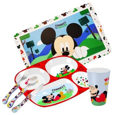 Imagem de Kit Refeição Infantil Melamina Mickey 6 Peças Prato, Copo, Jogo Americano e Talheres- Tuut