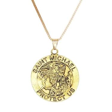 Imagem de Colar Medalhão Arcanjo São Miguel: Protetor milagroso, prateado e dourado, pingente de moeda católica religiosa - presente masculino perfeito, Zinco, Sem Pedra Preciosa