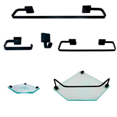 Imagem de Kit Para Banheiro Cansas Luxo Preto Vidro Sextavado Incolor - J.A