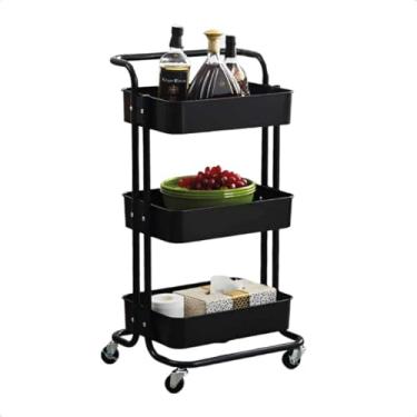 Imagem de Carrinho Organizador De Banheiro Lavanderia Fruteira Auxiliar Cozinha Armazenamento MultiusoEscritório Manicure Maquiagem Rodinha Giratória 03 Prateleiras Plástico com Alça (Preto)