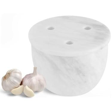 Imagem de Radicaln Detentor de alho de mármore para balcão de 11 cm branco feito à mão pequeno recipiente de dentes de alho, suporte de alho ideal para armazenamento de bancada