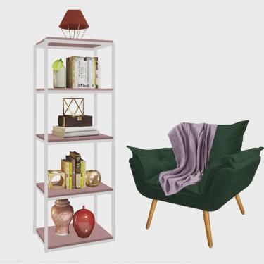 Imagem de Kit Poltrona Fatte com Manta Soft Lilás e Estante Livreiro Ferro Branco mdf Rose Suede Verde Musgo - Ahazzo Móveis