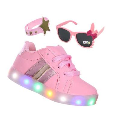 Imagem de Sapato de Menina Rosa com Luz de Led Kit Tenis Infantil + Oculos e Pul