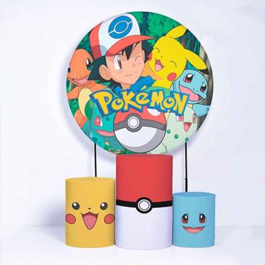 Imagem de Kit Painel de Festa Redondo de 1,50m e Trio de Cilindros Pokemon - Fera Print