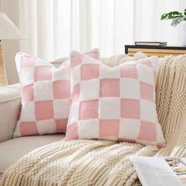 Imagem de Ohocut Capas de almofada felpudas jacquard xadrez, pacote com 2 fronhas decorativas fofas femininas rosa fofas femininas estéticas macias xadrez para sofá, quarto, 50 x 50 cm