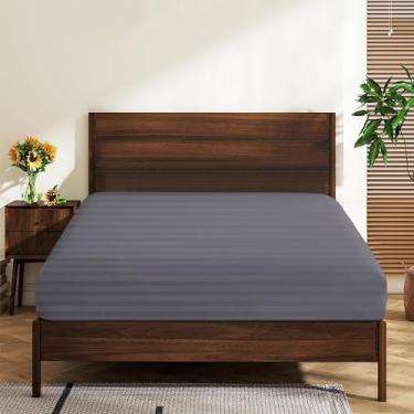 Imagem de Lençóis Queen Size 100% algodão egípcio 600 fios com bolso profundo de 40,6 cm, ultramacio, luxuoso, durável, respirável e confortável (1 lençol com elástico Queen, listrado, cinza escuro)