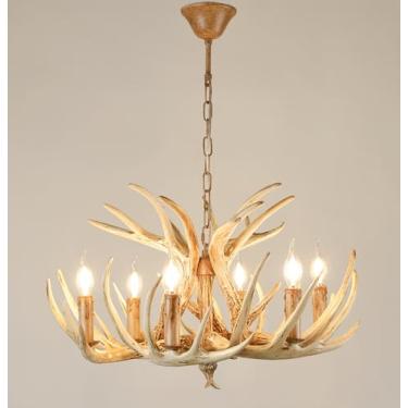 Imagem de Hubrin Lustre Rústico De Chifres De Resina, Luminária De Teto Estilo Fazenda Com 6 Luzes - Iluminação Em Chifre De Veado Para Sala De Jantar E Ilha De Cozinha Western Lodge, Luminária Pendente De Ch