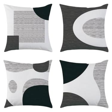 Imagem de Mimkus Conjunto de 4 capas de almofada abstratas geométricas pretas brancas e cinza - capas de almofada modernas de veludo boho para sofá, cama, quarto