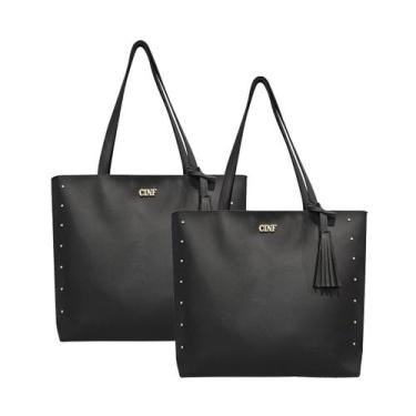 Imagem de Bolsa Sacola Feminina Grande De Ombro Kit 2 Peças - CINF, Preto