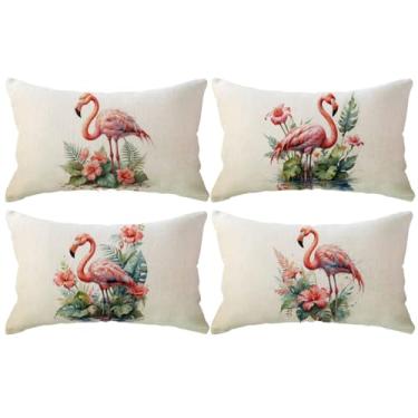 Imagem de ULOVE LOVE YOURSELF Pacote com 4 fronhas de flamingo com design tropical floral de hibisco, capas de almofada lombar decorativas para casa de verão 30 cm × 50 cm para sofá e varanda (rosa)